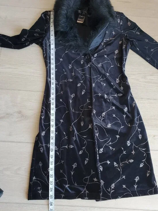 Fredericks Of Hollywood Black Velour Velvet Faux Fur Collar Coat Size Small - Picture 10 of 10
